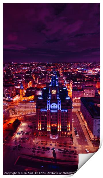 Aerial night view of a cityscape with illuminated buildings under a purple sky in Liverpool, UK. Print by Man And Life