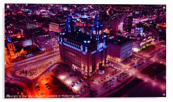 Aerial night view of an illuminated historic building in an urban cityscape in Liverpool, UK. Acrylic by Man And Life