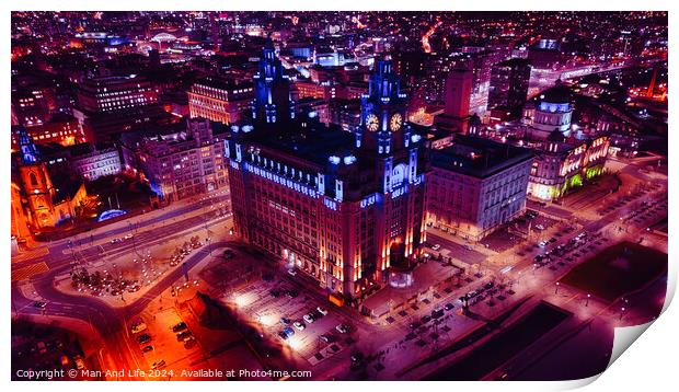 Aerial night view of an illuminated historic building in an urban cityscape in Liverpool, UK. Print by Man And Life