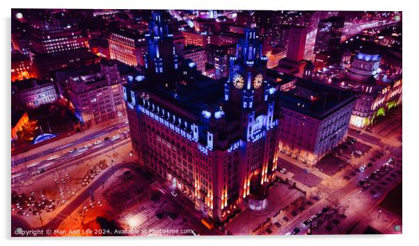 Aerial night view of an illuminated historic building in an urban setting with city lights in Liverpool, UK. Acrylic by Man And Life