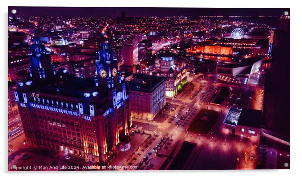 Aerial night view of a vibrant cityscape with illuminated streets and buildings in Liverpool, UK. Acrylic by Man And Life