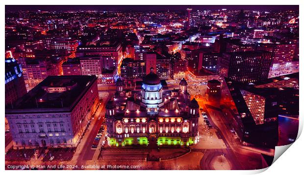 Aerial night view of a vibrant cityscape with illuminated buildings and streets in Liverpool, UK. Print by Man And Life
