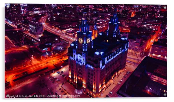 Aerial night view of an illuminated historic building amidst city streets with vibrant red traffic trails in Liverpool, UK. Acrylic by Man And Life