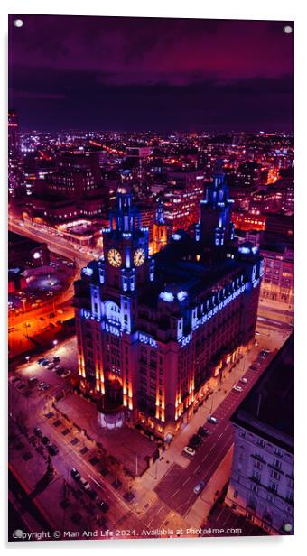 Vertical cityscape at night with illuminated historic building against a purple sky in Liverpool, UK. Acrylic by Man And Life