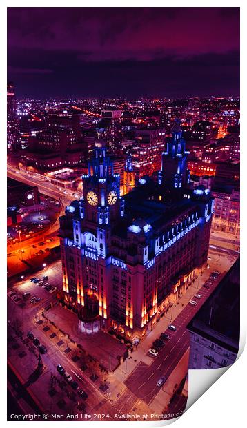 Vertical cityscape at night with illuminated historic building against a purple sky in Liverpool, UK. Print by Man And Life