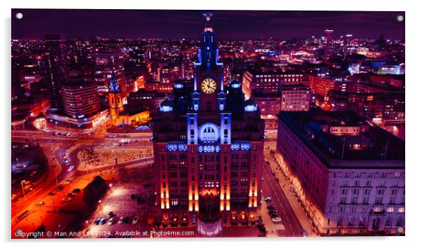 Aerial night view of an illuminated cityscape with a prominent clock tower and urban architecture in Liverpool, UK. Acrylic by Man And Life