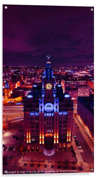 Aerial night view of an illuminated historic building in an urban landscape with vibrant purple skies in Liverpool, UK. Acrylic by Man And Life