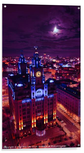 Moonlit cityscape with illuminated historic building at night, showcasing urban architecture against a dramatic sky in Liverpool, UK. Acrylic by Man And Life
