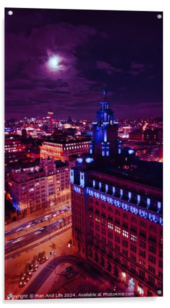 Cityscape at night with illuminated buildings under a moonlit sky in Liverpool, UK. Acrylic by Man And Life