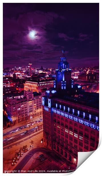 Cityscape at night with illuminated buildings under a moonlit sky in Liverpool, UK. Print by Man And Life