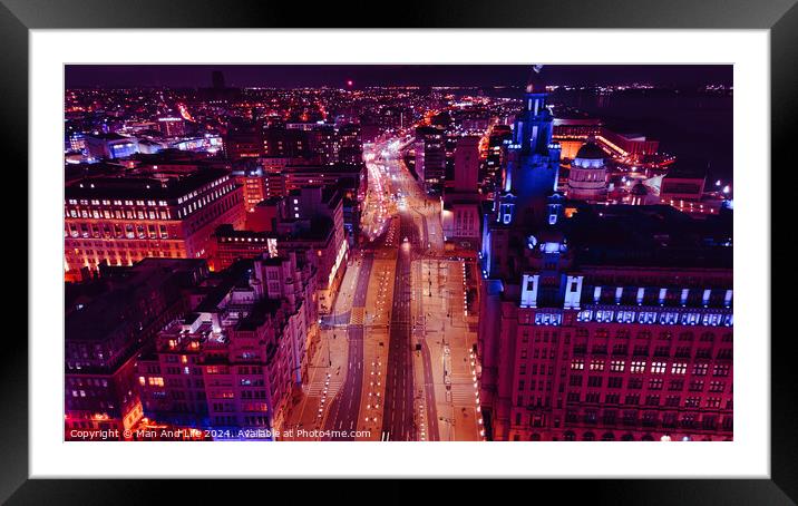 Aerial night view of a bustling cityscape with illuminated streets and urban architecture in Liverpool, UK. Framed Mounted Print by Man And Life