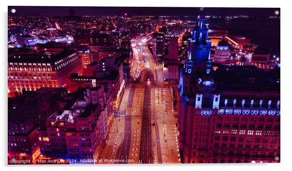 Aerial night view of a bustling cityscape with illuminated streets and urban architecture in Liverpool, UK. Acrylic by Man And Life