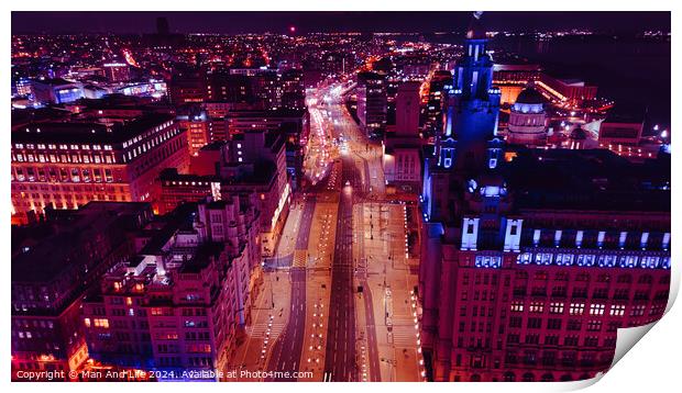 Aerial night view of a bustling cityscape with illuminated streets and urban architecture in Liverpool, UK. Print by Man And Life