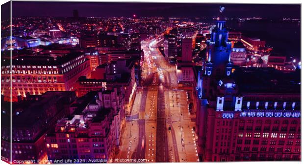 Aerial night view of a cityscape with illuminated streets and buildings, showcasing urban architecture and traffic in Liverpool, UK. Canvas Print by Man And Life