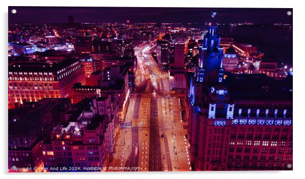Aerial night view of a cityscape with illuminated streets and buildings, showcasing urban architecture and traffic in Liverpool, UK. Acrylic by Man And Life
