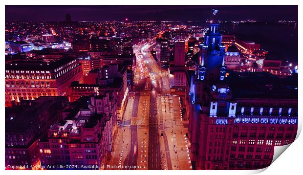 Aerial night view of a cityscape with illuminated streets and buildings, showcasing urban architecture and traffic in Liverpool, UK. Print by Man And Life