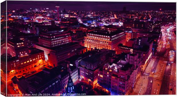 Aerial night view of a vibrant cityscape with illuminated streets and buildings in Liverpool, UK. Canvas Print by Man And Life