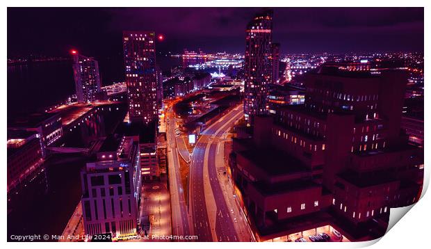 Aerial night view of a vibrant cityscape with illuminated streets and buildings in Liverpool, UK. Print by Man And Life