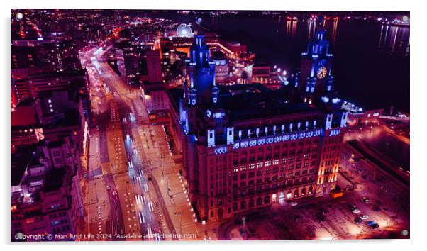 Aerial night view of an illuminated cityscape with a prominent clock tower and urban streets in Liverpool, UK. Acrylic by Man And Life