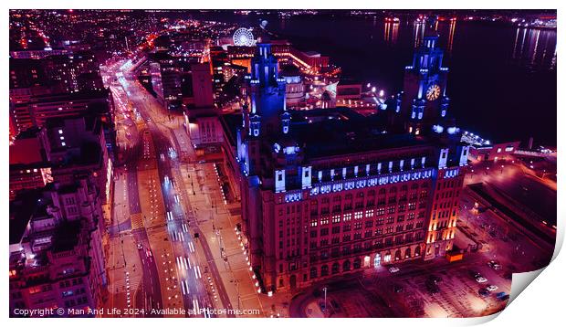 Aerial night view of an illuminated cityscape with a prominent clock tower and urban streets in Liverpool, UK. Print by Man And Life