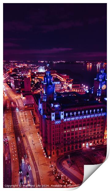 Aerial night view of a cityscape with illuminated streets and buildings, showcasing urban architecture in Liverpool, UK. Print by Man And Life
