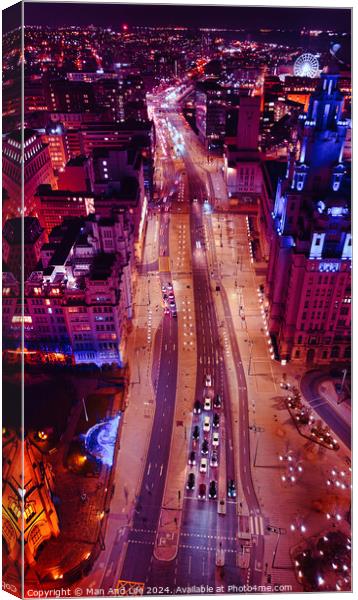 Aerial night view of a bustling city street with vibrant lights and traffic in Liverpool, UK. Canvas Print by Man And Life