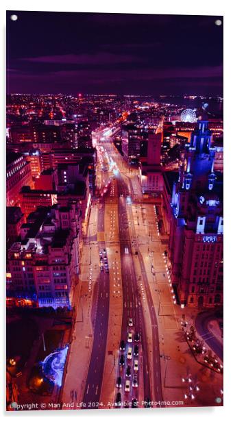 Vertical aerial view of a bustling city street at night with vibrant purple lighting and traffic trails in Liverpool, UK. Acrylic by Man And Life