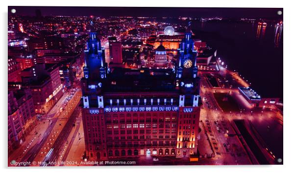 Aerial night view of an illuminated historic building in an urban setting with city lights in the background in Liverpool, UK. Acrylic by Man And Life