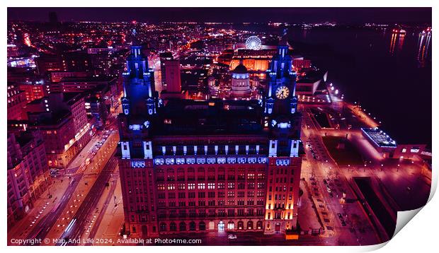 Aerial night view of an illuminated historic building in an urban setting with city lights in the background in Liverpool, UK. Print by Man And Life