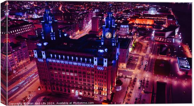 Aerial night view of an illuminated urban cityscape with historic architecture in Liverpool, UK. Canvas Print by Man And Life