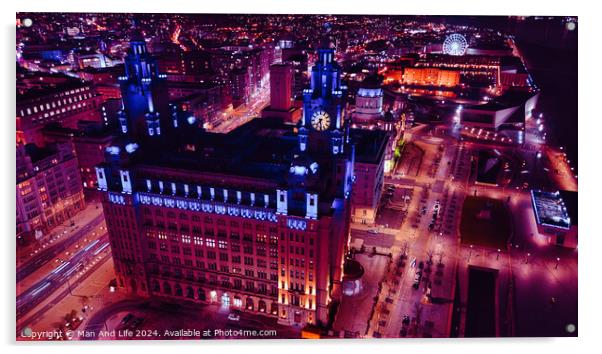 Aerial night view of an illuminated urban cityscape with historic architecture in Liverpool, UK. Acrylic by Man And Life