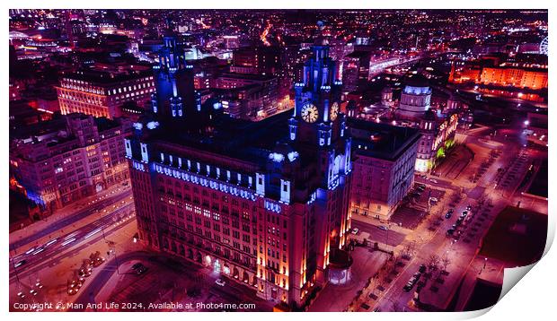 Aerial night view of an illuminated urban cityscape with historic architecture in Liverpool, UK. Print by Man And Life