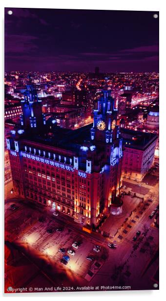 Aerial night view of an illuminated historic building in an urban cityscape with vibrant purple skies in Liverpool, UK. Acrylic by Man And Life