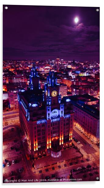 Aerial night view of an illuminated historic building in an urban cityscape with vibrant purple skies in Liverpool, UK. Acrylic by Man And Life