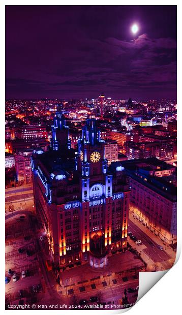 Aerial night view of an illuminated historic building in an urban cityscape with vibrant purple skies in Liverpool, UK. Print by Man And Life