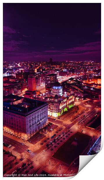 Vertical aerial view of a city at night with illuminated streets and buildings, showcasing urban nightlife in Liverpool, UK. Print by Man And Life