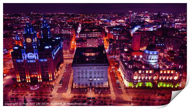 Aerial night view of a vibrant cityscape with illuminated buildings and streets in Liverpool, UK. Print by Man And Life