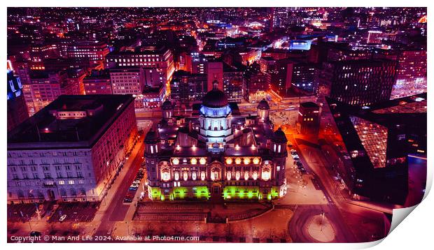 Aerial night view of an illuminated cityscape with historic architecture in Liverpool, UK. Print by Man And Life