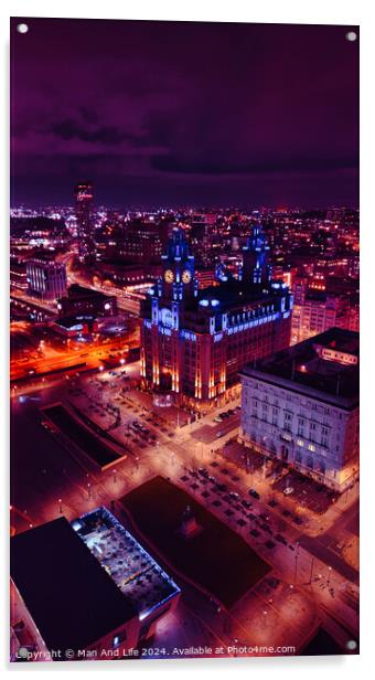 Aerial night view of a cityscape with illuminated buildings and streets, showcasing urban architecture and vibrant city life in Liverpool, UK. Acrylic by Man And Life