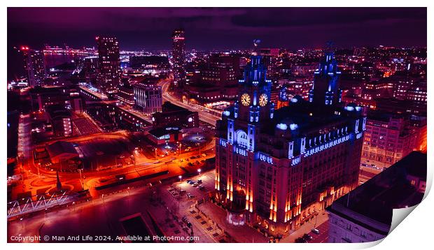 Night cityscape with illuminated buildings and streets, showcasing urban architecture and vibrant nightlife in Liverpool, UK. Print by Man And Life