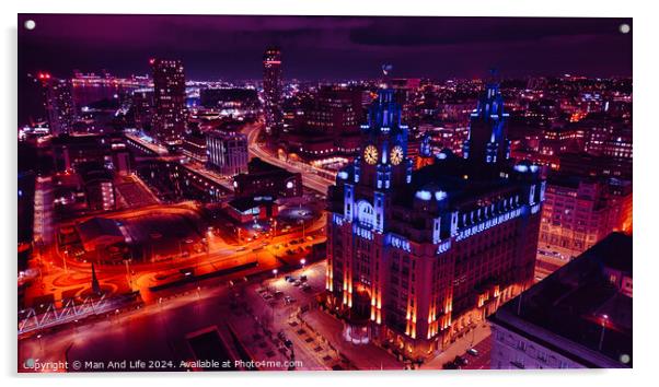 Night cityscape with illuminated buildings and streets, showcasing urban architecture and vibrant nightlife in Liverpool, UK. Acrylic by Man And Life