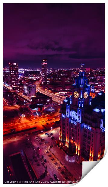 Aerial night view of a vibrant cityscape with illuminated streets and buildings under a purple sky in Liverpool, UK. Print by Man And Life