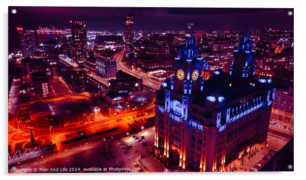 Aerial night view of a vibrant cityscape with illuminated streets and an iconic building in Liverpool, UK. Acrylic by Man And Life