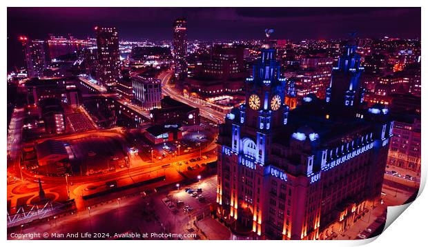Aerial night view of a vibrant cityscape with illuminated streets and an iconic building in Liverpool, UK. Print by Man And Life