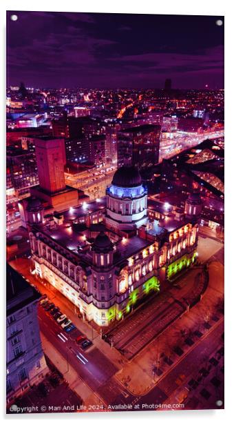 Aerial night view of an illuminated historic building in an urban setting, showcasing vibrant city lights and architecture in Liverpool, UK. Acrylic by Man And Life