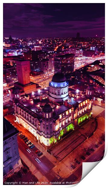 Aerial night view of an illuminated historic building in an urban setting, showcasing vibrant city lights and architecture in Liverpool, UK. Print by Man And Life