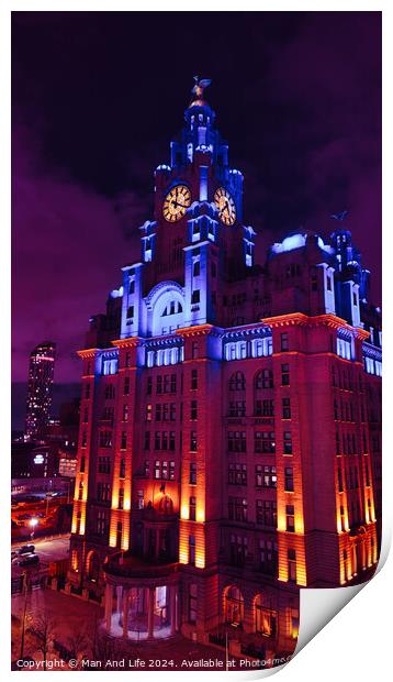 Dramatic night view of an illuminated historic building with clock tower against a twilight sky in Liverpool, UK. Print by Man And Life