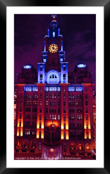 Illuminated historic building at night with clock tower against a twilight sky in Liverpool, UK. Framed Mounted Print by Man And Life