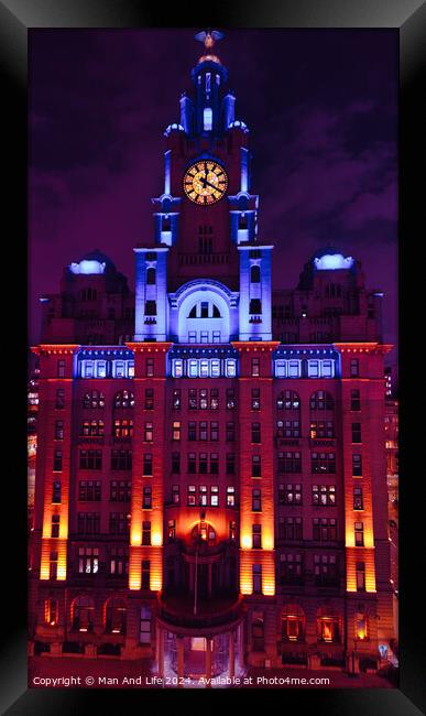 Illuminated historic building at night with clock tower against a twilight sky in Liverpool, UK. Framed Print by Man And Life