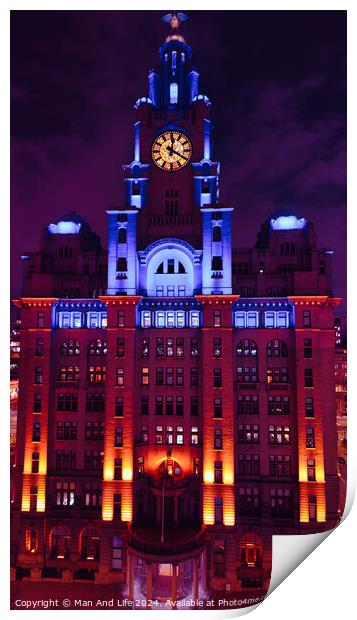 Illuminated historic building at night with clock tower against a twilight sky in Liverpool, UK. Print by Man And Life